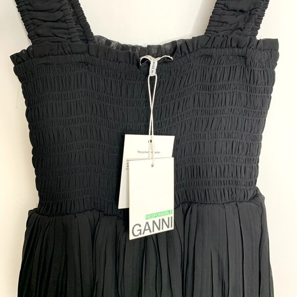 GANNI Pleated Georgette Flounce Smock Midi Dress Black Womens Size 32 New - Picture 12 of 16